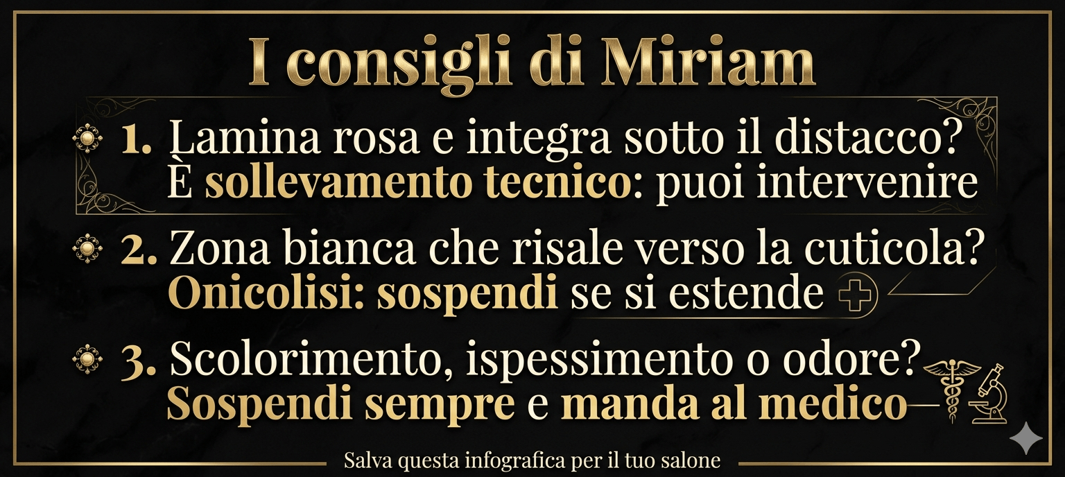 Infografica "I consigli di Miriam" su come distinguere sollevamento, onicolisi e micosi dell'unghia in salone